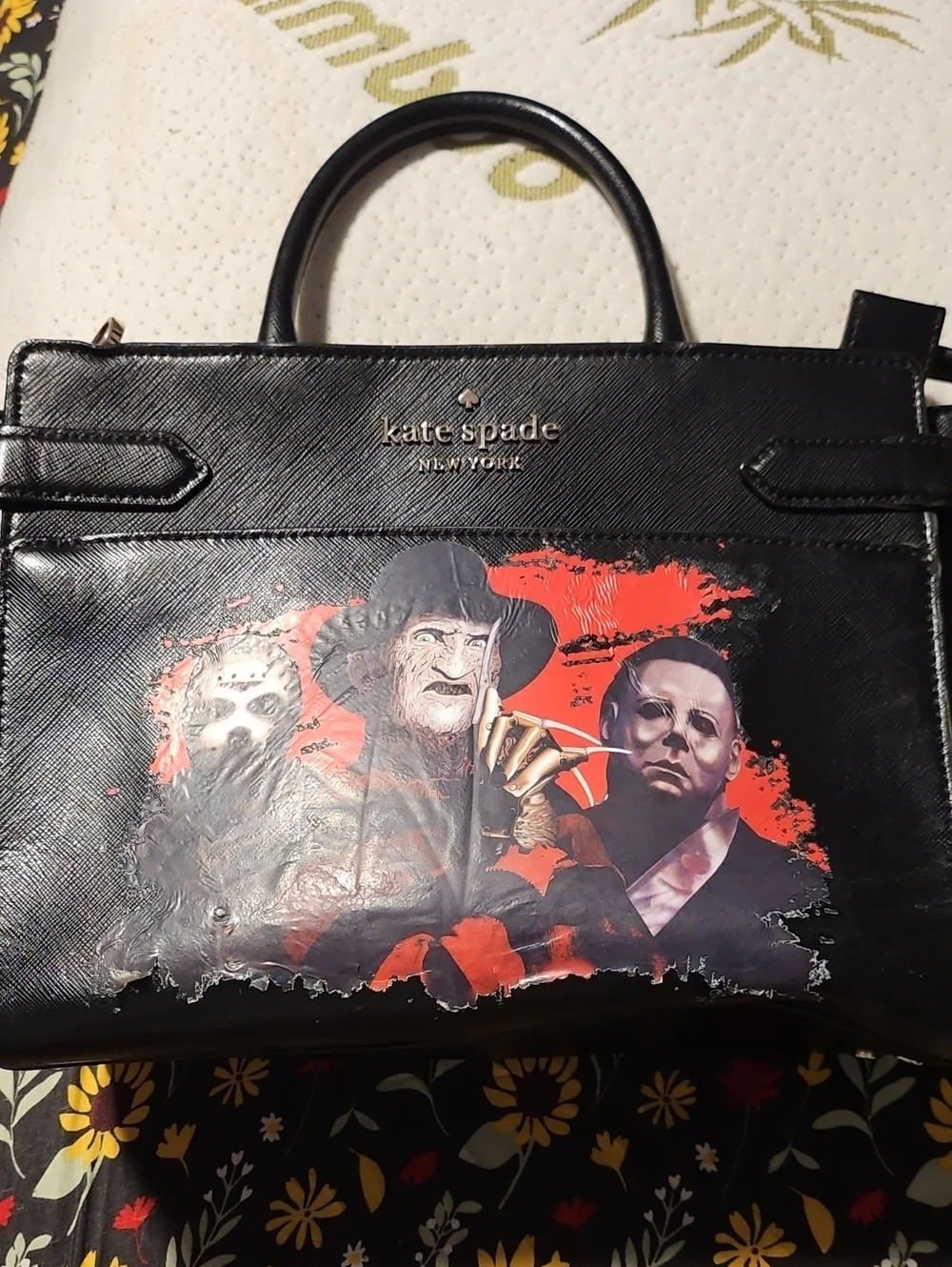 kate spade Black Leather Horror Character Satchel with Red Graphic